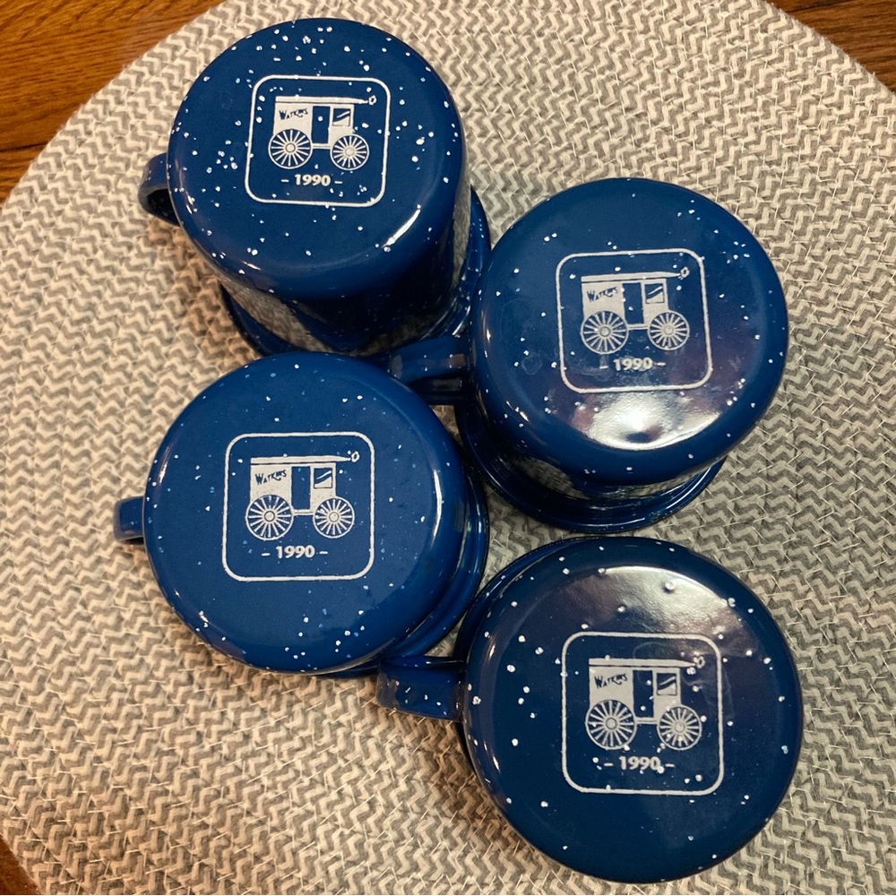 Vintage 1990 Watkins Blue Speckled Enamel Cups
